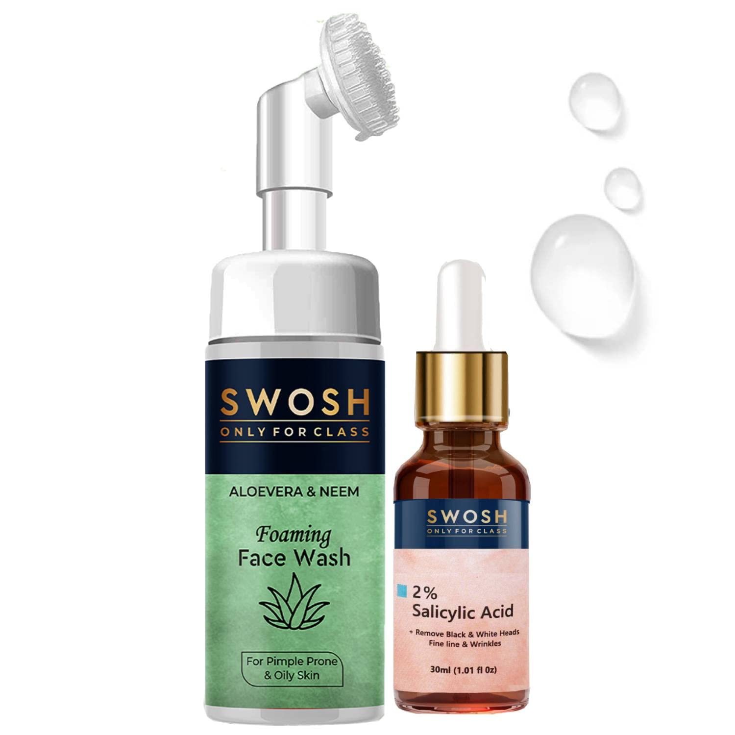 SWOSH Skincare Combo Pack Of Aloe Vera Neem Foaming Face Wash 100 ml For Acne Pimple Prone & Oily Skin | 2% Salicylic Acid Serum 30 ML