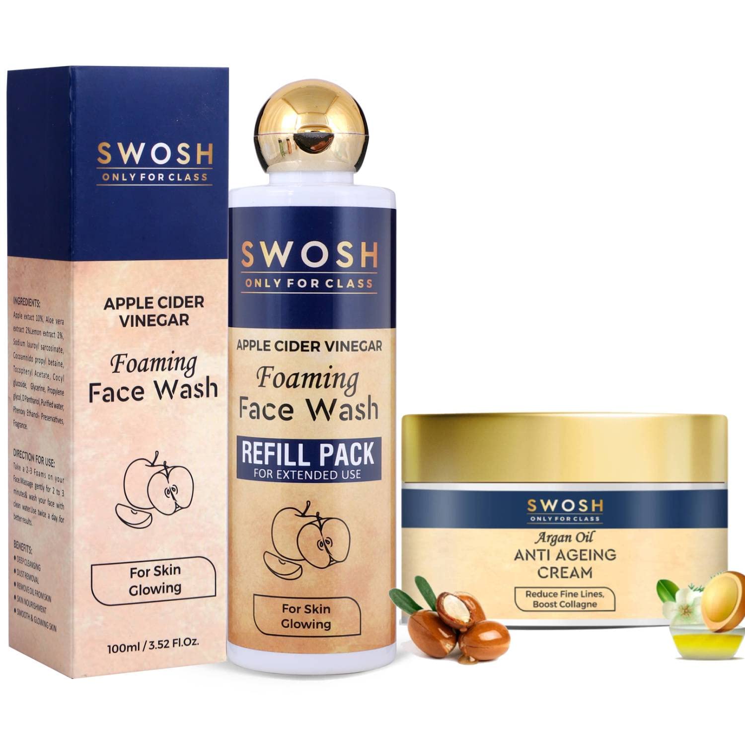 SWOSH Face Wash And Serum Combo Women and Men: 1 Apple Face Wash 200 Ml Refill Pack For Skin Refreshing, Brightens And Whitens Skin Tone With Anti Ageing Cream 50 Gram